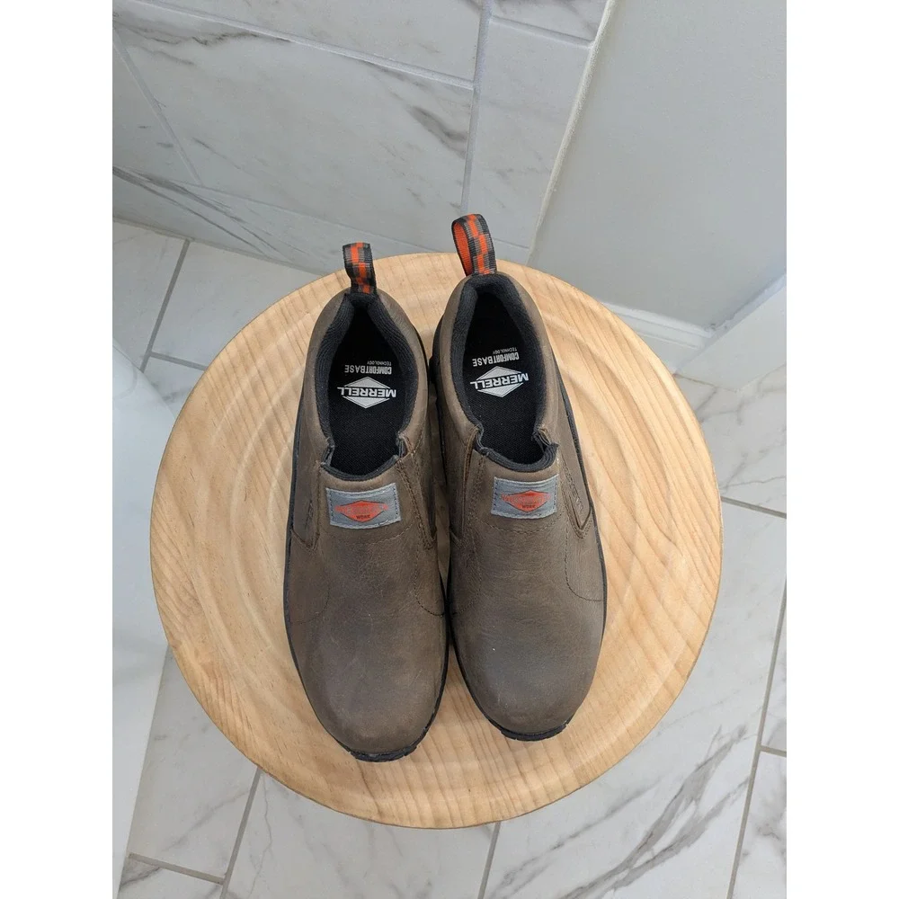 NWOB Merrell Work Jungle Moc Alloy Toe Men Brown Leather Slip On Comfortbase 7.5